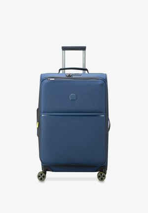 Marineblauwe harde koffer met een telescopische handgreep, een voorvak met rits, twee soepel rollende wielen en een duurzame, gestructureerde afwerking.