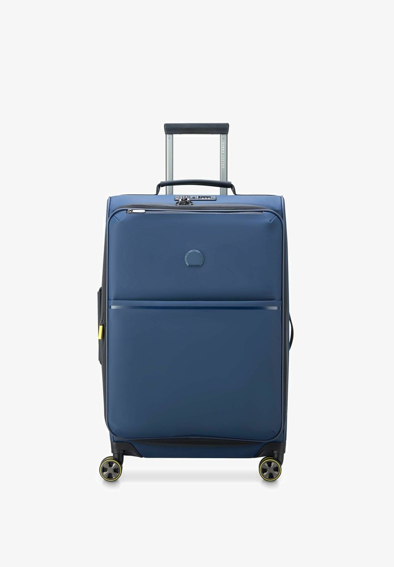 Valigia rigida blu con manico telescopico, tasca frontale con zip, due ruote scorrevoli e finitura testurizzata resistente.