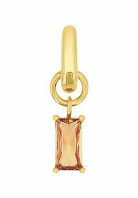 Orecchino a cerchio in oro con un pendente rettangolare contenente una gemma ambra sfaccettata, sorretta da un anello d'oro con quattro punte agli angoli.