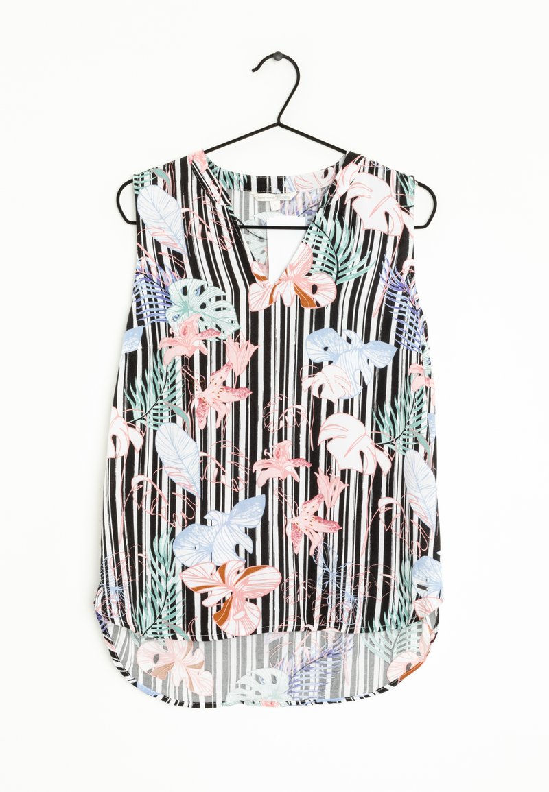 Ärmlös blus med blommönster i rosa, blått och grönt på en svart och vit randig bakgrund. V-ringad design, rundad nederkant.