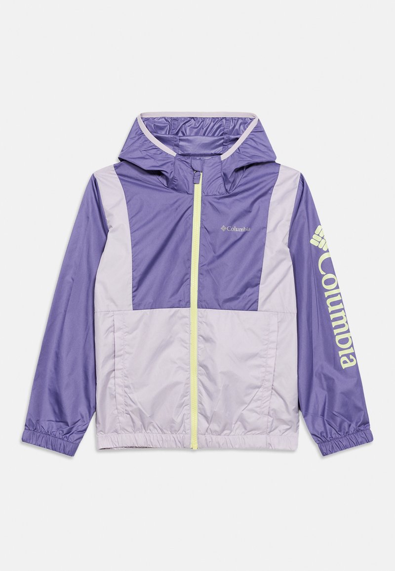 Παιδικό αδιάβροχο μπουφάν με κουκούλα σε δίχρωμο μωβ χρώμα, με κίτρινο φερμουάρ και λογότυπο Columbia στο στήθος και στον δεξιό μανίκι.