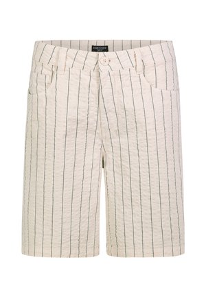 Beige knielange Shorts mit dünnen vertikalen grünen Streifen, Knopfverschluss, Gürtelschlaufen und Fronttaschen.