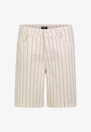 Beige knielange Shorts mit dünnen vertikalen grünen Streifen, Knopfverschluss, Gürtelschlaufen und Fronttaschen.