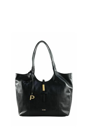 Sac cabas en cuir noir avec une texture lisse, présentant une accent en ton doré, des anses larges et un design simple avec une forme arrondie.