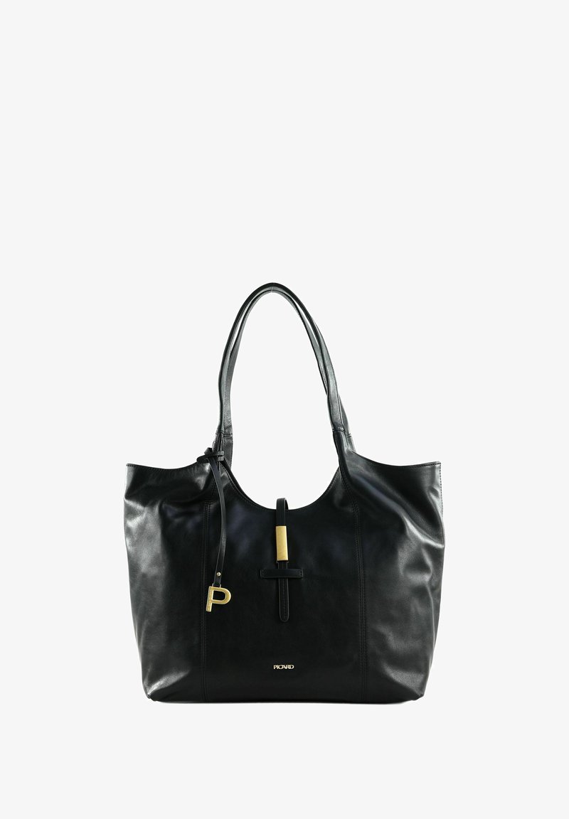 Sac cabas en cuir noir avec une texture lisse, présentant une accent en ton doré, des anses larges et un design simple avec une forme arrondie.