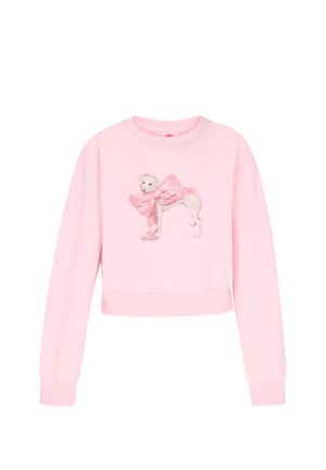Roze cropped sweatshirt met geribbelde manchetten en zoom, met een grafische afbeelding van een witte hond met een roze strik. Glad stoftextuur.