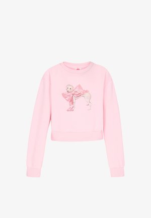 Roze cropped sweatshirt met geribbelde manchetten en zoom, met een grafische afbeelding van een witte hond met een roze strik. Glad stoftextuur.