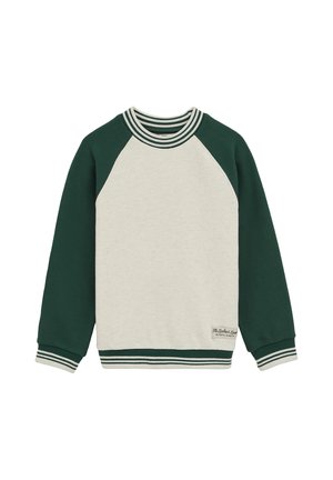 Langærmet crewneck-sweatshirt med mørkegrønne ærmer og cremefarvet krop, med stribede manchetter, krave, kant og lille logo-patch nær kanten.