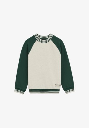 Sweat-shirt à manches longues avec col rond, manches vert foncé et corps crème, avec poignets, col, ourlet rayés et petite étiquette logo près de l'ourlet.
