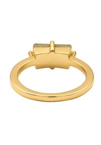 Gold ring with a smooth, polished band and a rectangular green stone accent at the top, featuring a textured finish.