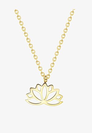 Collier en or avec un pendentif en forme de fleur de lotus, texture lisse, design ouvert avec des pétales symétriques et finition polie.