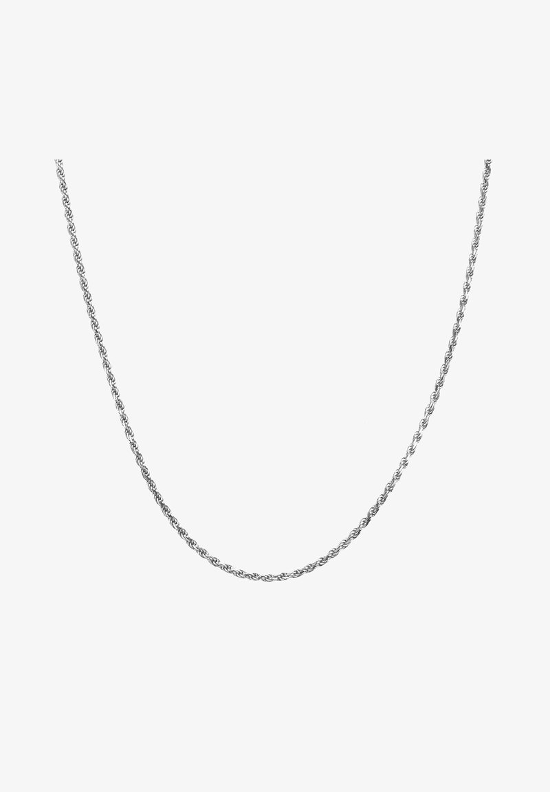 Hõbedane keeratud kaelakee, millel on keskmine paksus, sile tekstuur ja ühtlane muster. Disainitud vastupidavuse ja elegantsi tagamiseks.