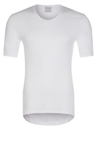 Hvid kortærmet T-shirt lavet af blødt bomuldsmateriale, med en rund halsudskæring og en let længere bagkant.