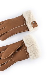 Brown leather gloves with a soft white shearling cuff. Notable details include contrasting stitching and a small metal button accent.