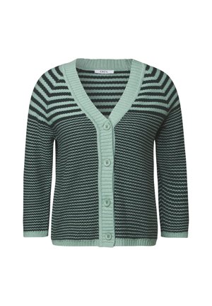 Stribet cardigan i mørkegrøn og mintgrøn; har V-hals, ribbede manchetter og knaplukning med fem knapper. Blød strikstruktur.