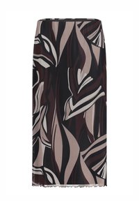 Zwarte rok met gedurfde, abstracte patronen in crème, bruin en beige. Gemaakt van een lichte stof met een golvende zoom.