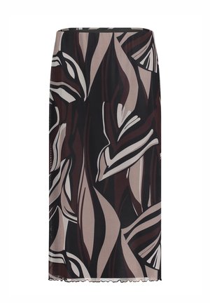 Czarna spódnica z odważnymi, abstrakcyjnymi wzorami w kolorze kremowym, brązowym i beżowym. Wykonana z lekkiego materiału z falbaniastym dołem.