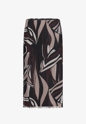 Czarna spódnica z odważnymi, abstrakcyjnymi wzorami w kolorze kremowym, brązowym i beżowym. Wykonana z lekkiego materiału z falbaniastym dołem.