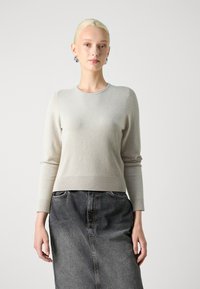 Hellgrauer Rundhalspullover mit langen Ärmeln und geripptem Saum; über einem schwarzen Jeansrock getragen. Glatte Textur, lässige Passform.