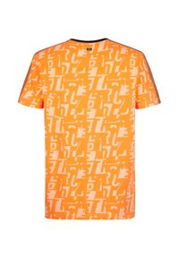 Pomarańczowa bawełniana koszulka z powtarzającym się abstrakcyjnym wzorem tekstowym w różnych odcieniach pomarańczu. Posiada krótkie rękawy i czarne akcenty na linii dekoltu.