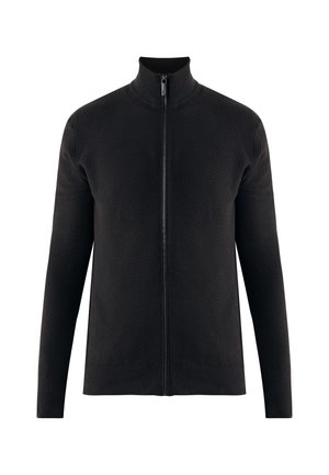 Sudadera negra con cremallera y un patrón texturizado, cuello alto y mangas largas. Presenta una cremallera de longitud completa y puños acanalados.