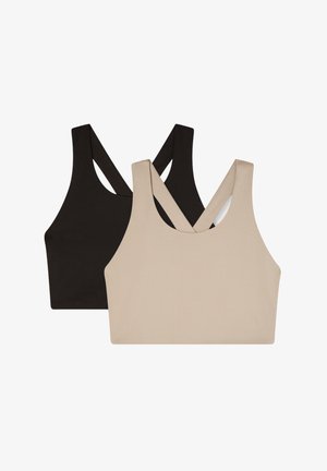 Due reggiseni sportivi in nero e beige. Realizzati in tessuto liscio con un design aderente, presentano spalline incrociate sulla schiena e senza hardware visibile.