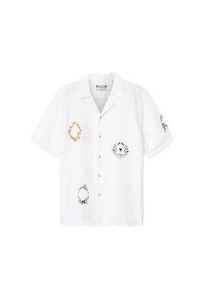 Camicia bianca a maniche corte con collo e bottoni, con ricamo di piccole corone floreali in giallo, verde, rosso e nero sul davanti e sulla manica.