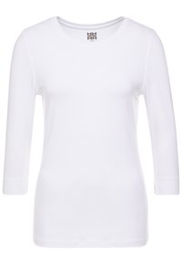 Vit långärmad åtsittande tröja med rund halsringning och 3/4-lång ärm, samt en liten logotyp inuti kragen.