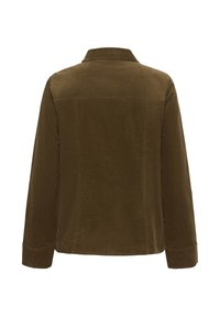 Hnedá kordurovací košeľa s dlhým rukávom a golierom, zobrazená zozadu na bielom pozadí.