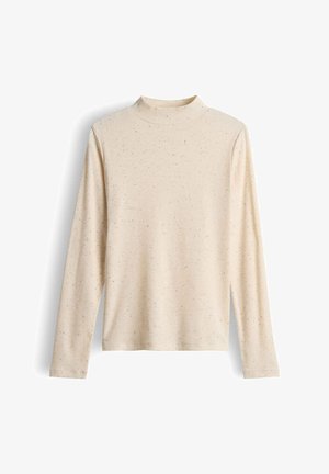 Lichtbeige langekorte turtleneck top van geribde stof, met subtiele spikkels in donkere kleuren, met een aansluitende silhoutte en hoge nek.