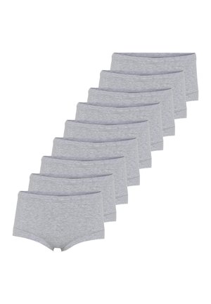 Ti par grå bomulds hipster-trusser med en glat tekstur og elastisk talje, arrangeret i en række, der viser ensartet design og farve.
