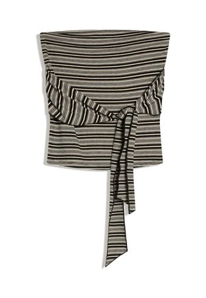 Haut bandeau en tissu à rayures horizontales noires et beiges avec un nœud noué et de longues extrémités pendantes au centre devant.