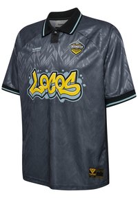 Szary krótki rękaw z kołnierzykiem polo w kolorze czarnym, z fakturowanym wzorem i żółtym wzorem graficznym "Locos" z przodu.