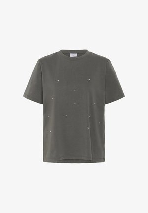 Gray short-sleeve t-shirt made of soft fabric, featuring scattered decorative beads for texture. Simple crew neckline, relaxed fit.