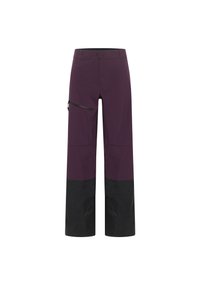 Pantaloni da trekking aderenti di colore viola scuro con pannelli inferiori neri. Caratteristiche includono tasca con zip e tessuto resistente per uso all'aperto.