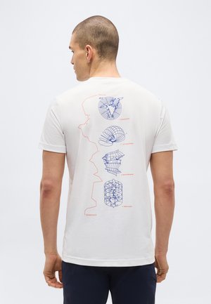 Hátat fordító, kopasz férfi fehér pólót visel, melyen kék és piros tudományos geometrikus és térképszerű minták vannak nyomtatva.