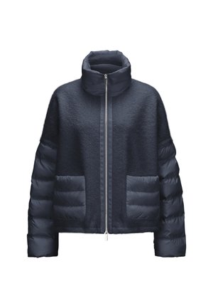 Dunkelblaue Jacke mit gepolsterten Ärmeln und Taschen, hohem Kragen und Vorderreißverschluss.