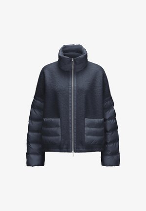Dunkelblaue Jacke mit gepolsterten Ärmeln und Taschen, hohem Kragen und Vorderreißverschluss.
