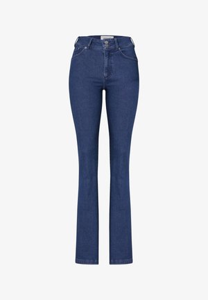 Donkerblauwe spijkerbroek met wijde pijpen. Hoog in de taille met vijf zakken en een sluiting met een knoop aan de voorkant. Soepele textuur en minimale stiksels.