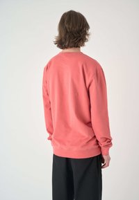 Coral sweatshirt with long sleeves, crew neck, and ribbed cuffs. Worn with loose-fitting black pants. Soft, textured fabric.