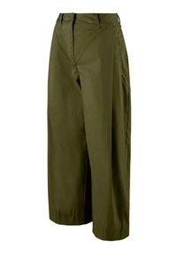Pantaloni a gamba larga verde oliva realizzati in tessuto morbido; presentano una vita alta, una parte anteriore plissettata e tasche laterali.