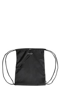 Black drawstring bag made of lightweight nylon material, featuring a simple design, adjustable cords, and a printed label near the top.