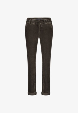 Buks i fløjl i mørkebrun, med elastisk talje, lige ben, opbrettede ben og blødt, tekstureret stof.