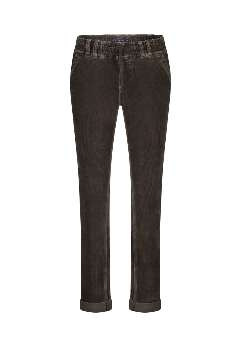 Buks i fløjl i mørkebrun, med elastisk talje, lige ben, opbrettede ben og blødt, tekstureret stof.