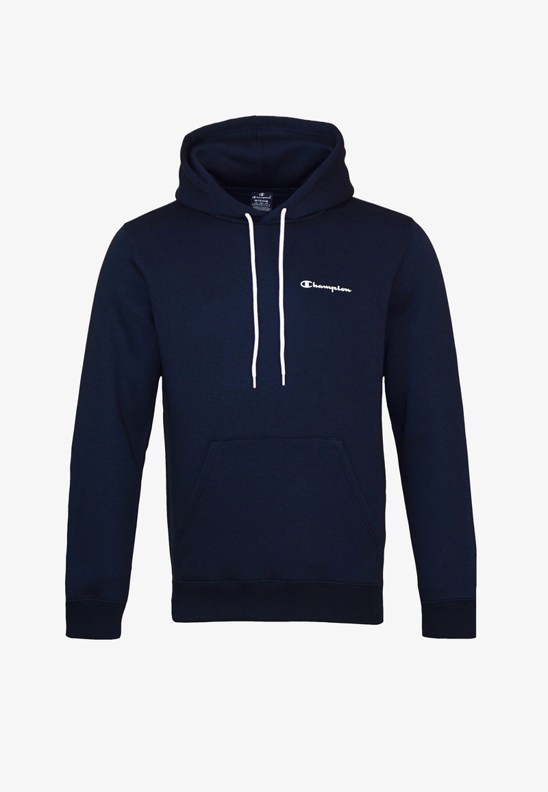 Marinblå huvtröja i bomullsblandning med en känguruficka och vita snören, samt en liten vit logotyp på bröstet.