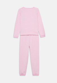 Σετ πιτζάμες με ρίγες σε ροζ χρώμα, που περιλαμβάνει μακριά μανίκια και παντελόνι, κατασκευασμένο από απαλό υλικό με ριμπ μανσέτες και απλή στρογγυλή λαιμόκοψη.
