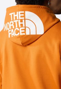 Uomo che indossa un felpa arancione con un grande logo bianco "The North Face" stampato sulla parte posteriore del cappuccio.