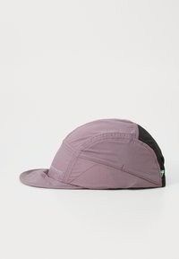 Paarse lichtgewicht pet met een zwart achterpaneel, gebogen klep en gestikte details. Bevat een klein logo aan de zijkant voor branding.