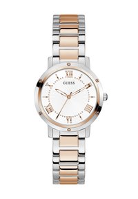 Kruhové strieborné a ružové zlaté metalové hodinky s bielym ciferníkom, rímskymi číslicami a textúrovanými akcentmi. Návrh s nastaviteľným náramkom na články.