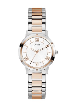 Okrogla ura iz srebrnega in rožnato zlatnega kovine z belim obrazom, rimskimi številkami in teksturiranimi detajli. Oblika zapestnice z nastavljivimi členki.